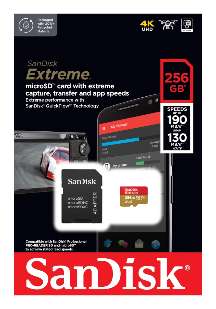 Okładka KARTA SANDISK EXTREME microSDXC 256 GB 190/130 MB/s A2 C10 V30 UHS-I U3